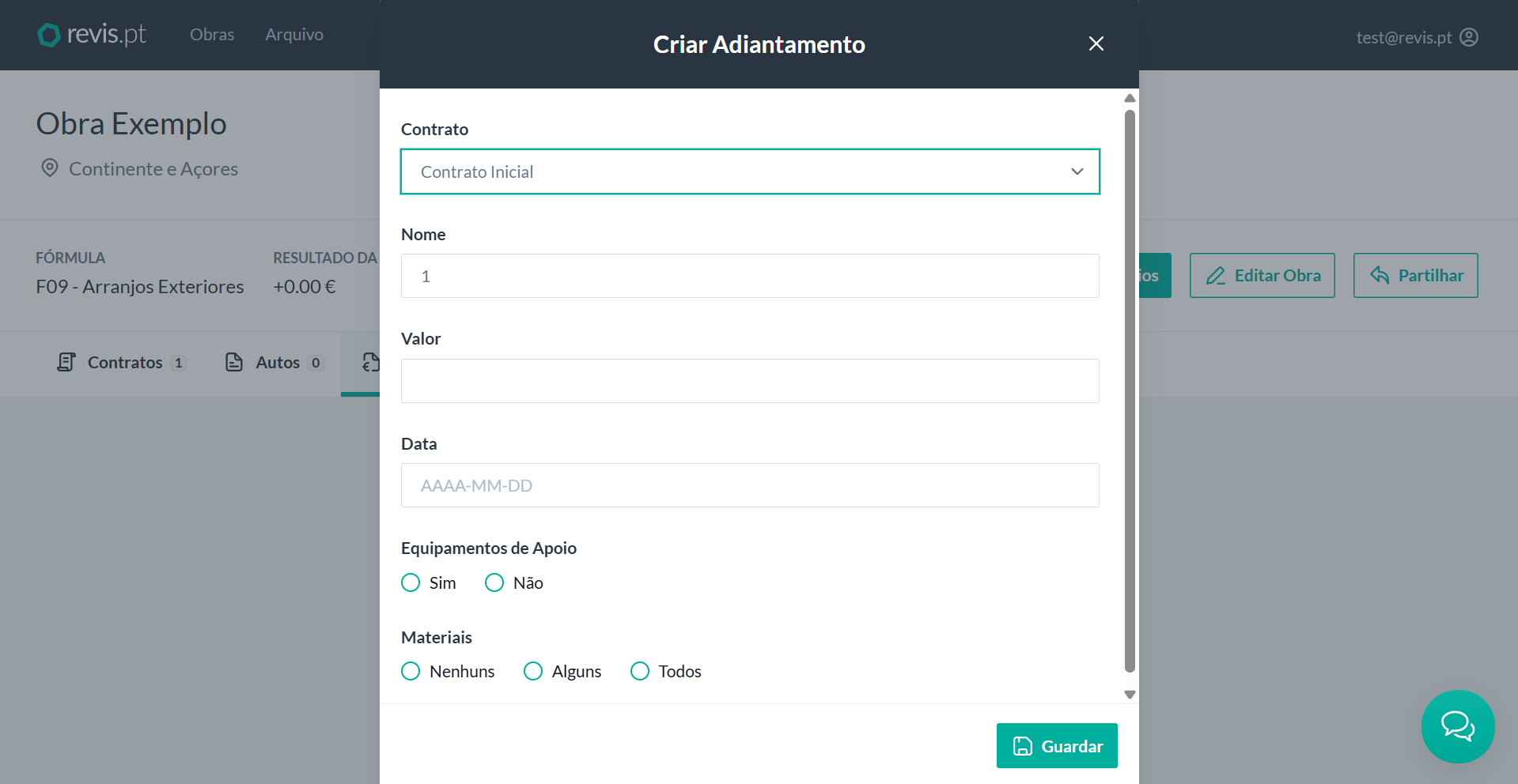 Formulário de registo de um adiantamento