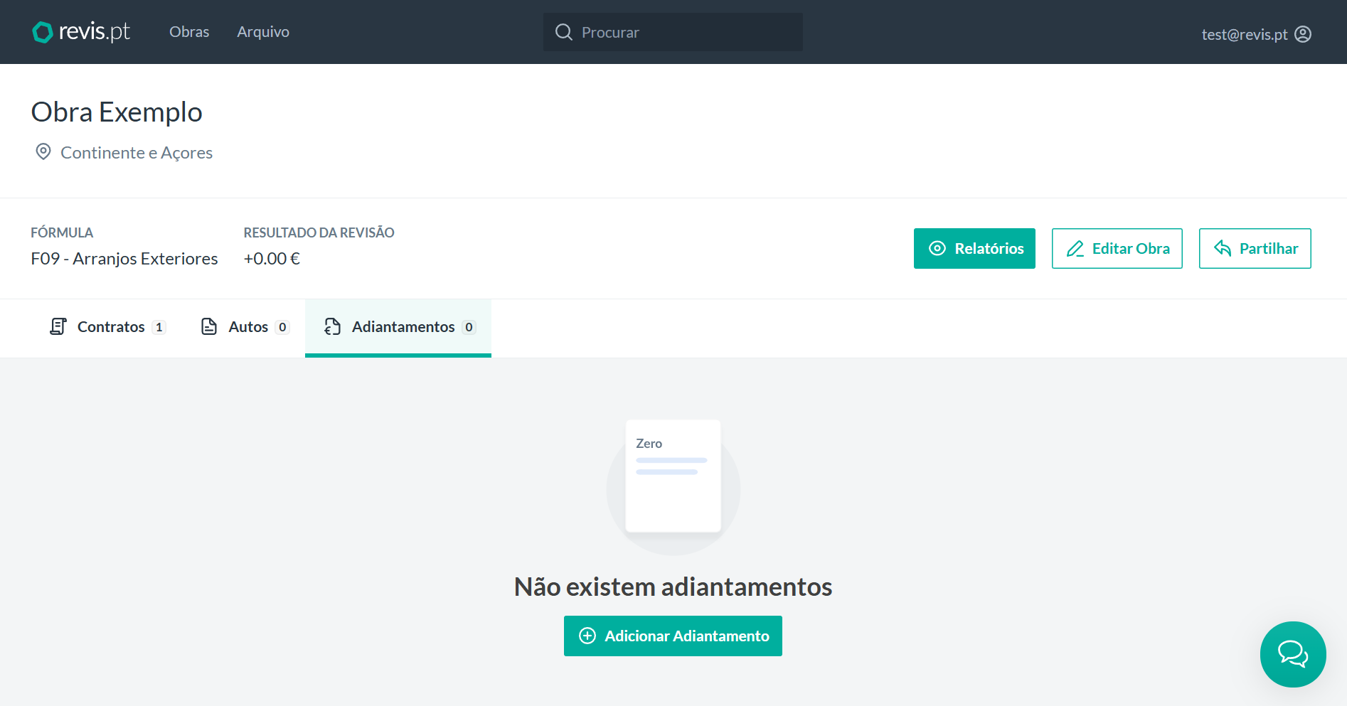Separador Adiantamentos com o botão Adicionar Adiantamento