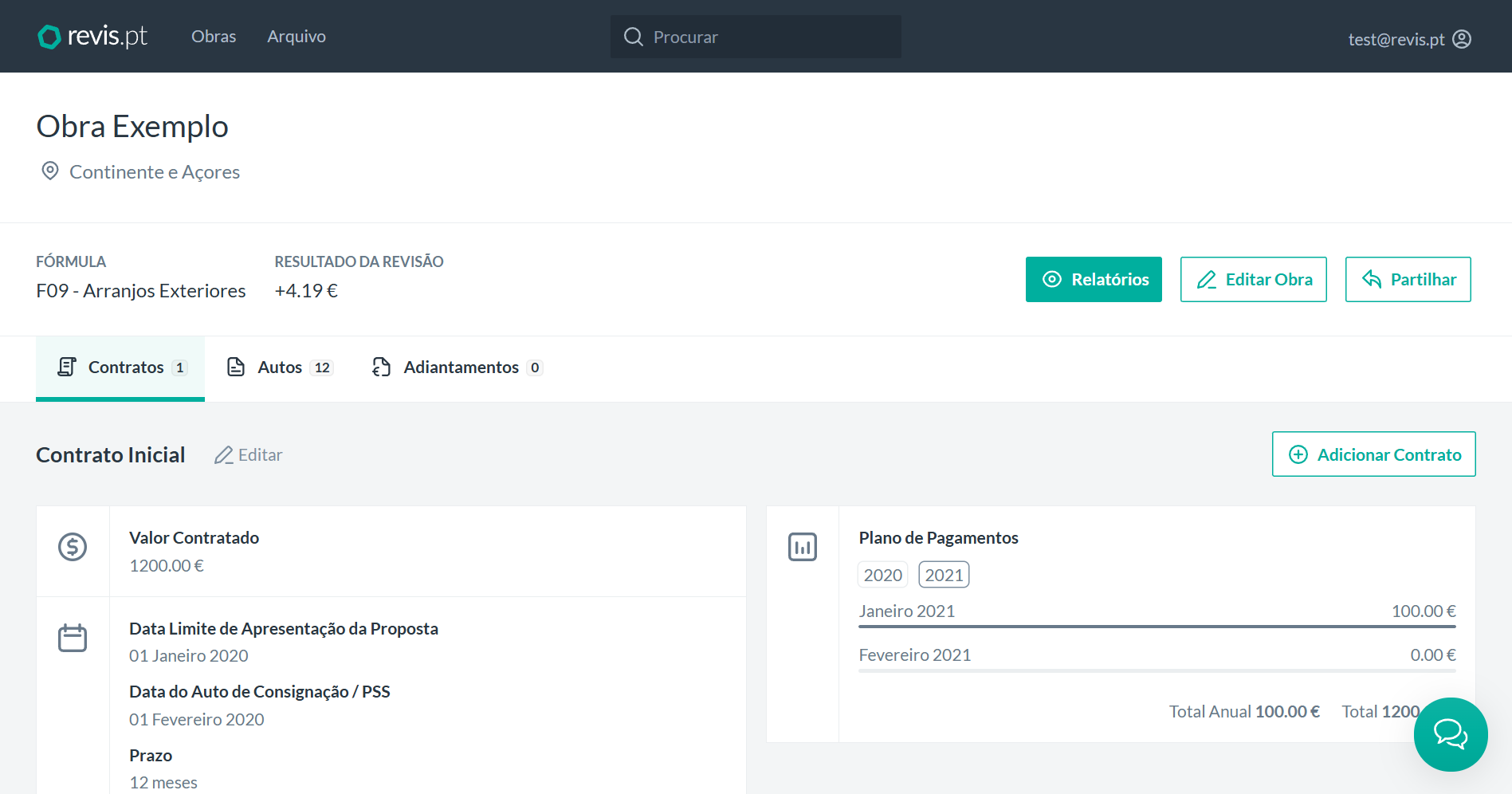 Separador Contratos com o botão Adicionar Contrato