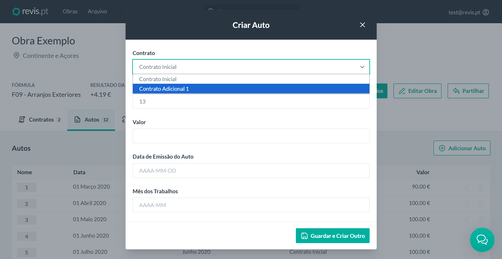 Criação de um auto associado ao contrato adicional
