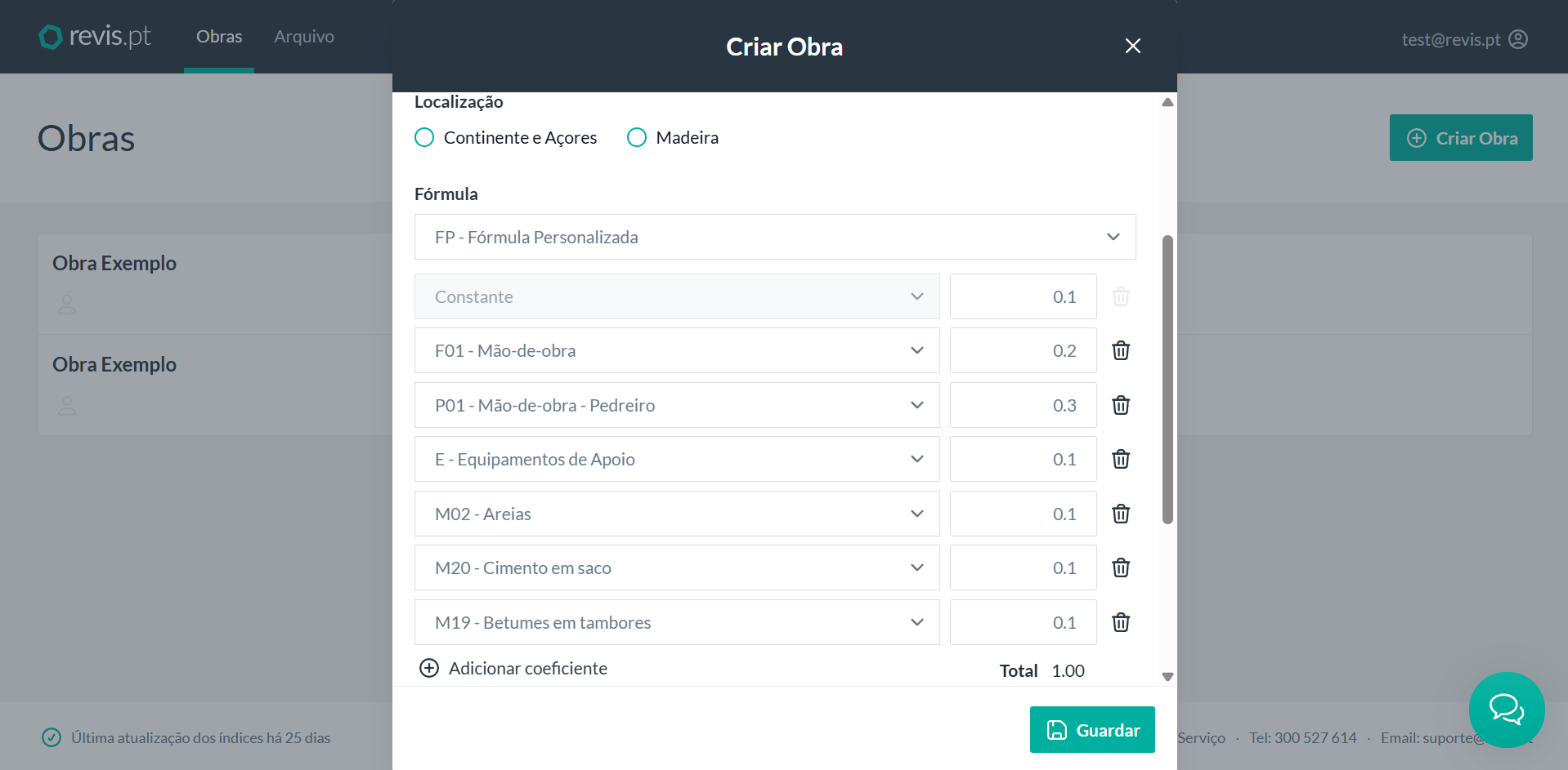 Configuração dos coeficientes e índices da fórmula personalizada